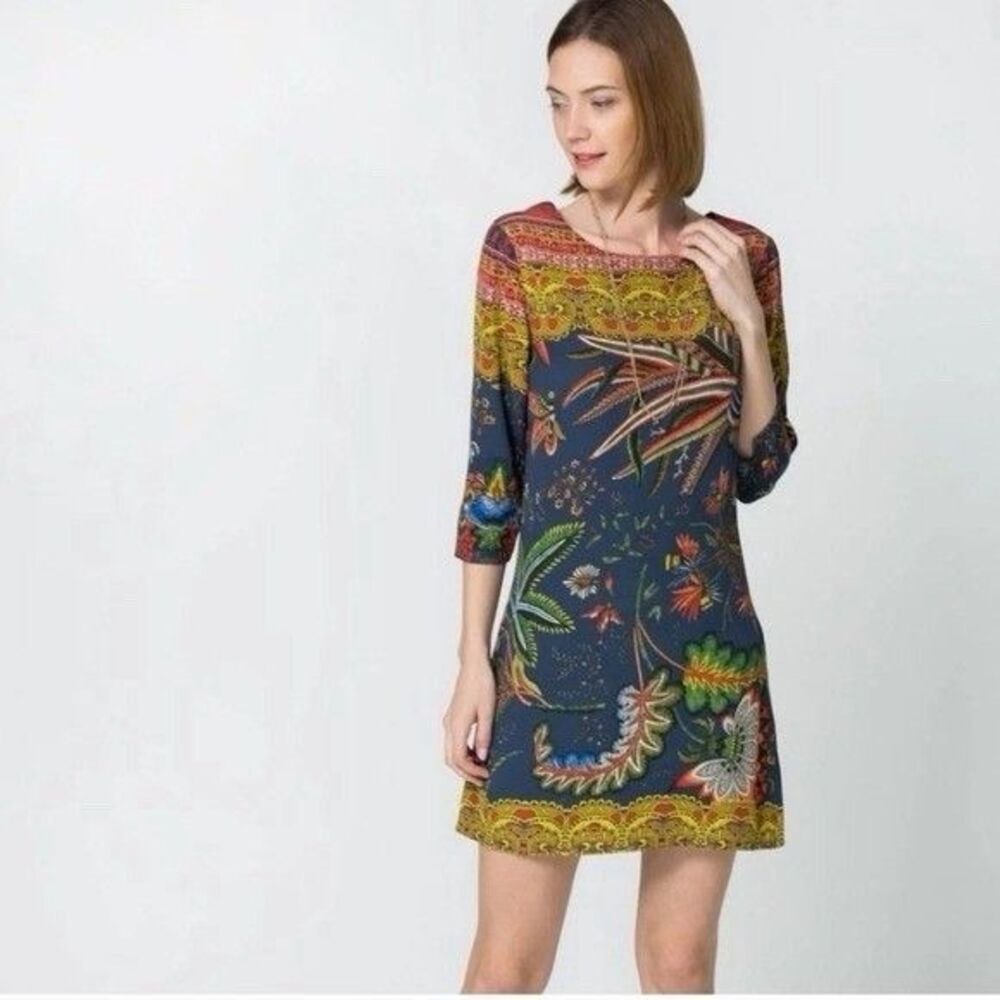 Desigual Dress Floral Boho Multicolor Long Sleeve Shift Tunic Size 36